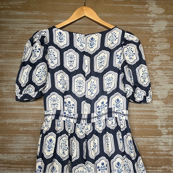 Agua Bendita Pomelo Riviera Dress 100% Linen Blue Floral Dress 6034 Womens M - Picture 5 of 7